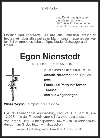 Traueranzeige von Egon Nienstedt von KREISZEITUNG SYKE