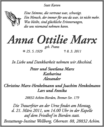 Traueranzeige von Anna Ottilie Marx von KREISZEITUNG SYKE