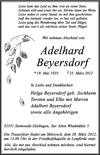 Traueranzeige von Adelhard Beyersdorf von KREISZEITUNG SYKE