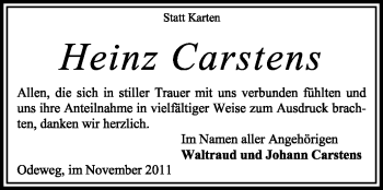 Traueranzeige von Heinz Carstens von KREISZEITUNG SYKE