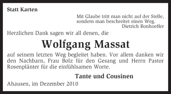 Traueranzeige von Wolfgang Massat von KREISZEITUNG SYKE