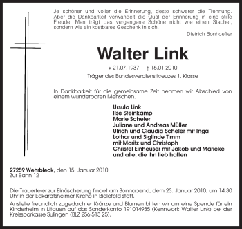 Traueranzeige von Walter Link von KREISZEITUNG SYKE