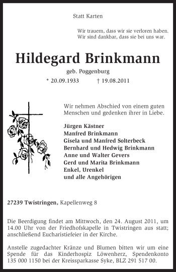 Traueranzeige von Hildegard Brinkmann von KREISZEITUNG SYKE