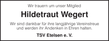 Traueranzeige von Hildetraut Wegert von KREISZEITUNG SYKE