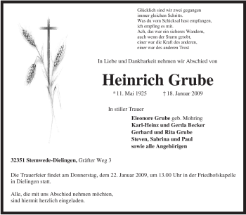 Traueranzeige von Heinrich Grube von KREISZEITUNG SYKE