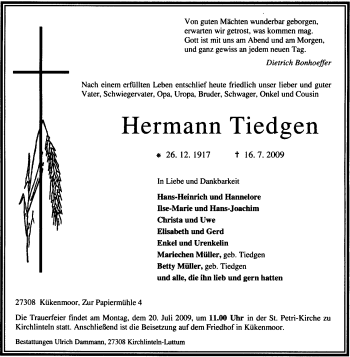 Traueranzeige von Hermann Tiedgen von KREISZEITUNG SYKE