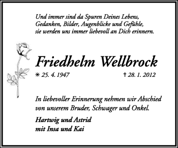 Traueranzeige von Friedhelm Wellbrock von KREISZEITUNG SYKE