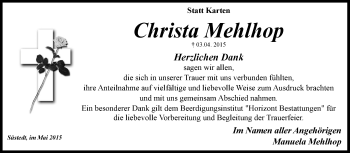 Traueranzeige von Christa Mehlhop von KRZ