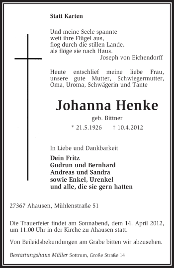 Traueranzeige von Johanna Henke von KREISZEITUNG SYKE