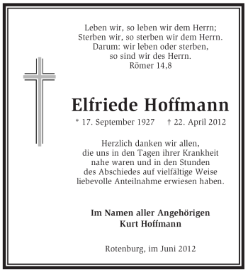 Traueranzeige von Elfriede Hoffmann von KREISZEITUNG SYKE