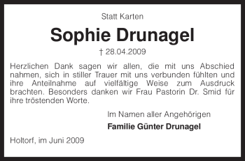 Traueranzeige von Sophie Drunagel von KREISZEITUNG SYKE