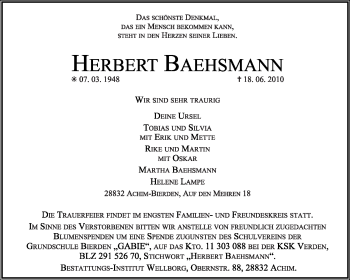 Traueranzeige von Herbert Baehsmann von KREISZEITUNG SYKE