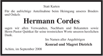Traueranzeige von Hermann Cordes von KREISZEITUNG SYKE