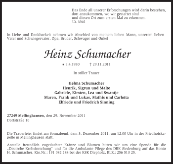 Traueranzeige von Heinz Schumacher von KREISZEITUNG SYKE