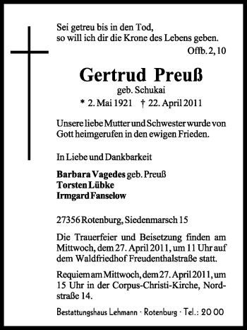 Traueranzeige von Gertrud Preuß von KREISZEITUNG SYKE