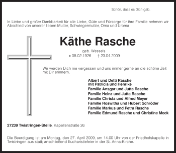 Traueranzeige von Käthe Rasche von KREISZEITUNG SYKE