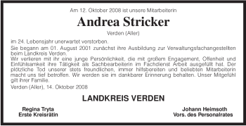 Traueranzeige von Andrea Stricker von KREISZEITUNG SYKE