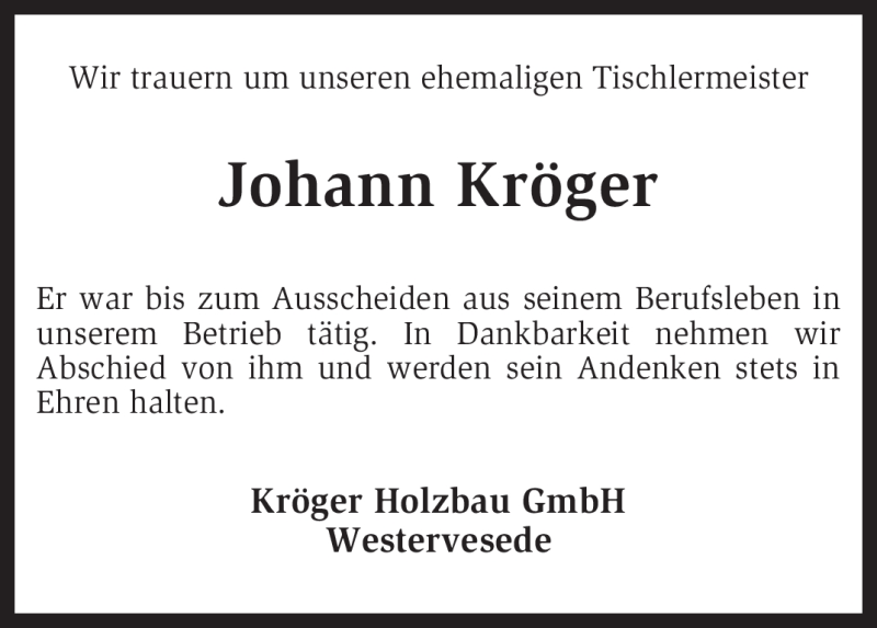  Traueranzeige für Johann Kröger vom 03.08.2010 aus KREISZEITUNG SYKE