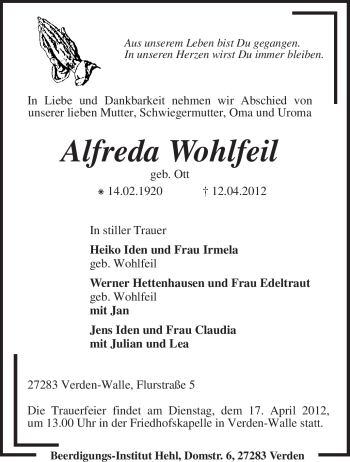 Traueranzeige von Alfreda Wohlfeil von KREISZEITUNG SYKE