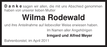 Traueranzeige von Wilma Rodewald von KREISZEITUNG SYKE