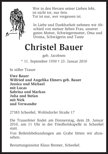Traueranzeige von Christel Bauer von KREISZEITUNG SYKE