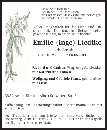 Traueranzeige von Emilie Liedtke von KREISZEITUNG SYKE