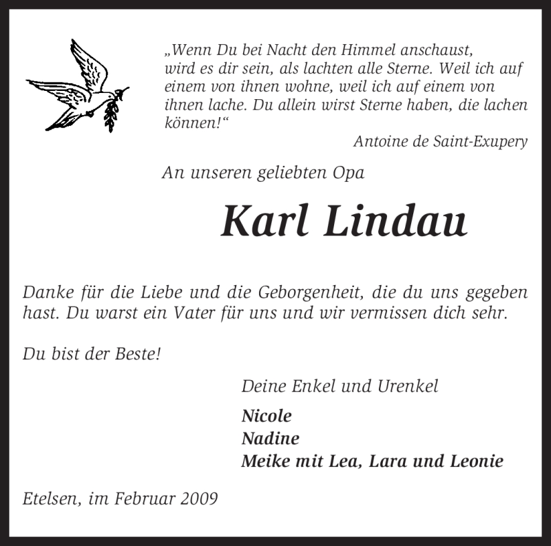  Traueranzeige für Karl Lindau vom 11.02.2009 aus KREISZEITUNG SYKE