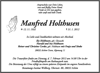 Traueranzeige von Manfred Holthusen von KREISZEITUNG SYKE