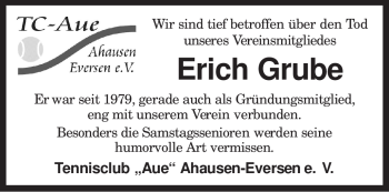 Traueranzeige von Erich Grube von KREISZEITUNG SYKE