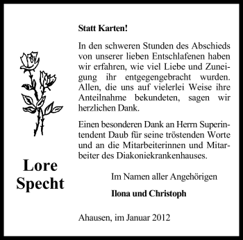 Traueranzeige von Lore Specht von KREISZEITUNG SYKE