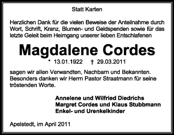 Traueranzeige von Magdalene Cordes von KREISZEITUNG SYKE