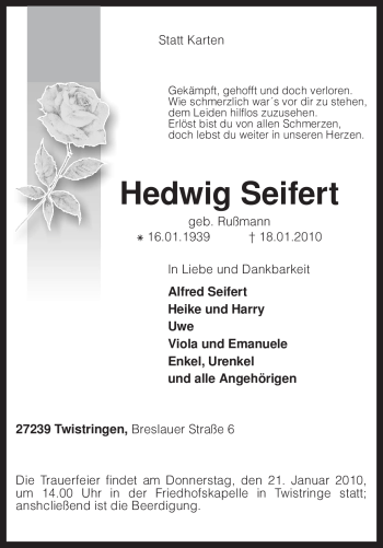 Traueranzeige von Hedwig Seifert von KREISZEITUNG SYKE