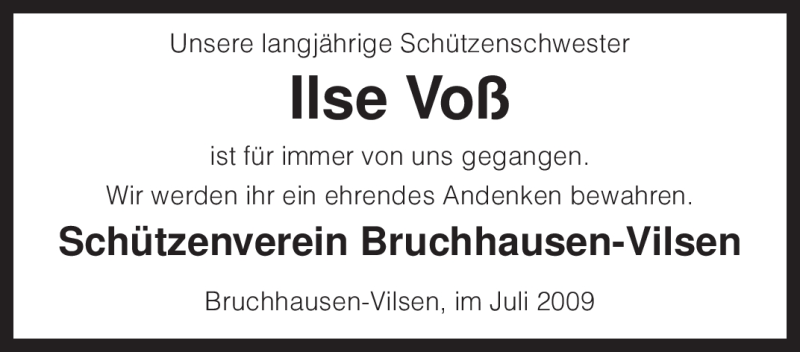  Traueranzeige für Ilse Voß vom 29.07.2009 aus KREISZEITUNG SYKE