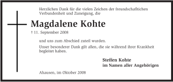 Traueranzeige von Magdalene Kohte von KREISZEITUNG SYKE