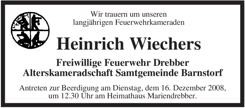  Traueranzeige für Heinrich Wiechers vom 15.12.2008 aus KREISZEITUNG SYKE