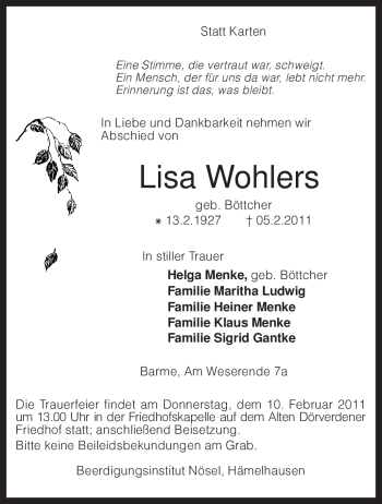 Traueranzeige von Lisa Wohlers von KREISZEITUNG SYKE