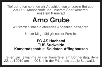 Traueranzeige von Arno Grube von KREISZEITUNG SYKE