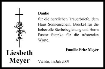 Traueranzeige von Liesbeth Meyer von KREISZEITUNG SYKE