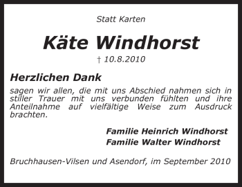 Traueranzeige von Käte Windhorst von KREISZEITUNG SYKE