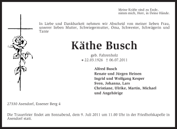 Traueranzeige von Käthe Busch von KREISZEITUNG SYKE