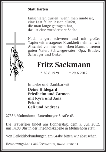 Traueranzeige von Fritz Sackmann von KREISZEITUNG SYKE