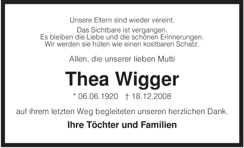  Traueranzeige für Thea Wigger vom 10.01.2009 aus KREISZEITUNG SYKE