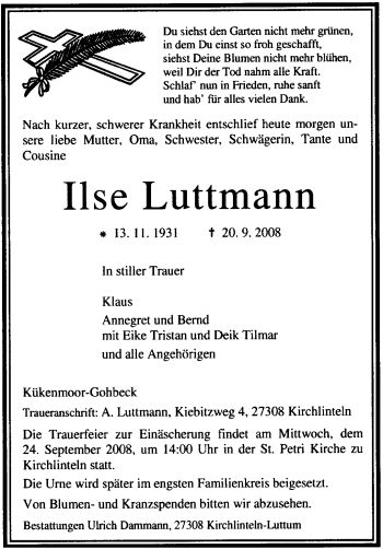 Traueranzeige von Ilse Luttmann von KREISZEITUNG SYKE