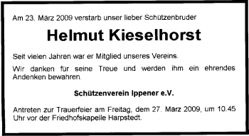 Traueranzeige von Helmut Kieselhorst von KREISZEITUNG SYKE