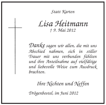 Traueranzeige von Lisa Heitmann von KREISZEITUNG SYKE