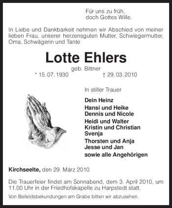 Traueranzeige von Lotte Ehlers von KREISZEITUNG SYKE