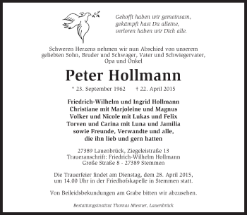 Traueranzeige von Peter Hollmann von KRZ