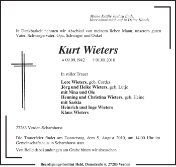 Traueranzeige von Kurt Wieters von KREISZEITUNG SYKE