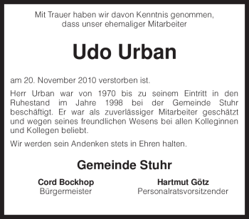 Traueranzeige von Udo Urban von KREISZEITUNG SYKE