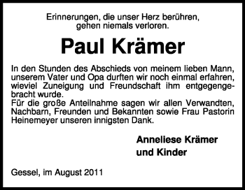 Traueranzeige von Paul Krämer von KREISZEITUNG SYKE